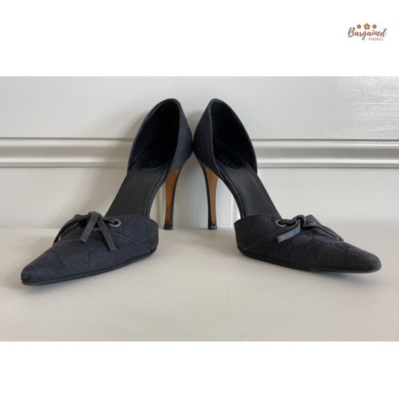 Authentic GUCCI Vintage Black GG Monogram Canvas Leather D'ORSAY Heel Pumps 7.5 - Picture 8 of 15
